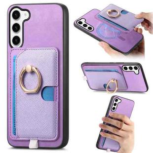 For Samsung Galaxy S23 5G Retro Cross Leather Ring Side Insert Card Bag MagSafe Phone Case(Purple)