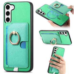 For Samsung Galaxy S23 5G Retro Cross Leather Ring Side Insert Card Bag MagSafe Phone Case(Green)