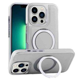 For iPhone 13 Pro Max Plated Leather Grain Rotation MagSafe Holder Phone Case(Grayish Green)