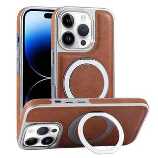 For iPhone 14 Pro Plated Leather Grain Rotation MagSafe Holder Phone Case(Brown)