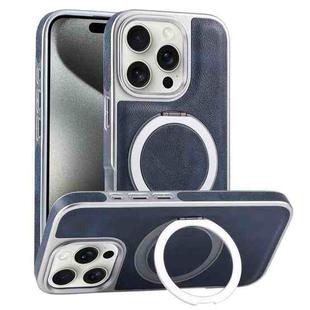 For iPhone 15 Pro Plated Leather Grain Rotation MagSafe Holder Phone Case(Blue)