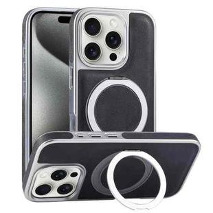 For iPhone 15 Pro Max Plated Leather Grain Rotation MagSafe Holder Phone Case(Black)