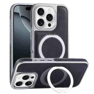 For iPhone 16 Pro Max Plated Leather Grain Rotation MagSafe Holder Phone Case(Black)