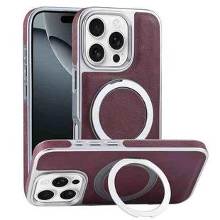 For iPhone 16 Pro Plated Leather Grain Rotation MagSafe Holder Phone Case(Dark Red)