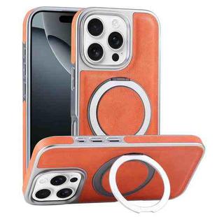 For iPhone 16 Pro Plated Leather Grain Rotation MagSafe Holder Phone Case(Orange)