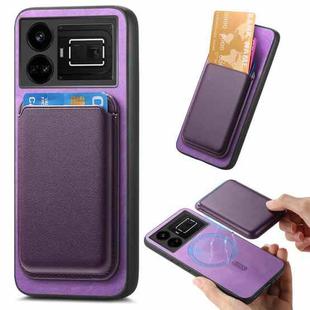 For Realme GT5 5G Retro Magsafe Card Bag PU Back Cover Phone Case(Purple)