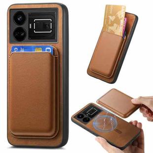 For Realme GT5 5G Retro Magsafe Card Bag PU Back Cover Phone Case(Brown)