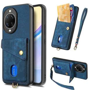 For Huawei nova 14 Retro Card Wallet Fold Leather Phone Case with Strap(Blue)