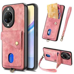 For Huawei nova 14 Retro Card Wallet Fold Leather Phone Case with Strap(Pink)