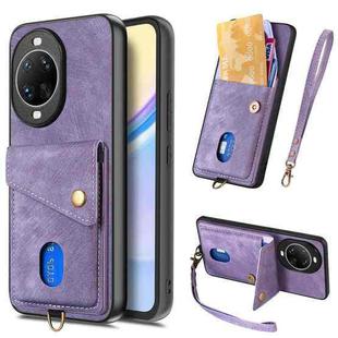 For Huawei nova 14 Ultra Retro Card Wallet Fold Leather Phone Case with Strap(Purple)