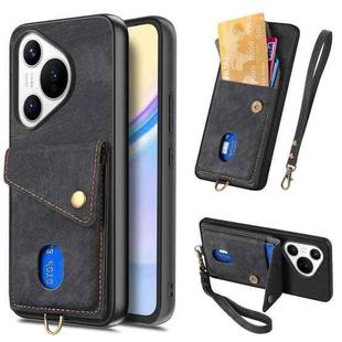 For Huawei Pura 70 Retro Card Wallet Fold Leather Phone Case with Strap(Black)