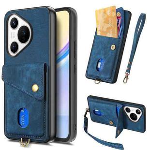 For Huawei Pura 70 Retro Card Wallet Fold Leather Phone Case with Strap(Blue)