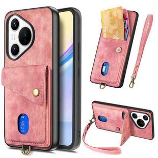 For Huawei Pura 70 Retro Card Wallet Fold Leather Phone Case with Strap(Pink)