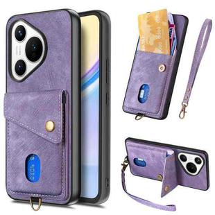 For Huawei Pura 70 Retro Card Wallet Fold Leather Phone Case with Strap(Purple)