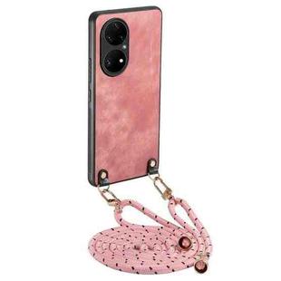 For Huawei P50 Vintage Leather PC Back Cover Phone Case with Crossbody Strap(Pink)