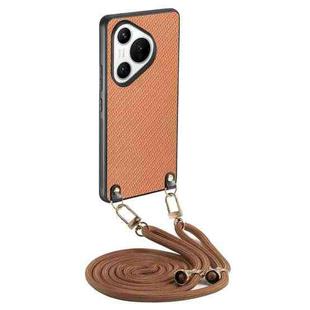 For Huawei Pura 70 Carbon Fiber Texture Leather Back Cover Phone Case with Crossbody Strap(Brown)