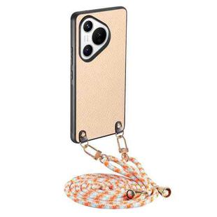 For Huawei Pura 70 Carbon Fiber Texture Leather Back Cover Phone Case with Crossbody Strap(Khaki)