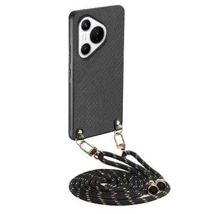 For Huawei Pura 70 Pro+ Carbon Fiber Texture Leather Back Cover Phone Case with Crossbody Strap(Black)