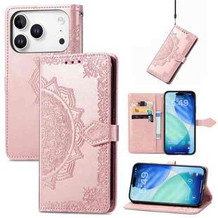 For iPhone 17 Pro Mandala Flower Embossed Leather Phone Case(Rose Gold)