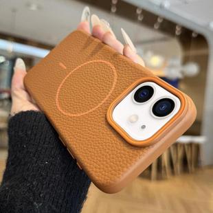For iPhone 11 Orange Ring MagSafe Litchi Grain TPU Phone Case(Brown)