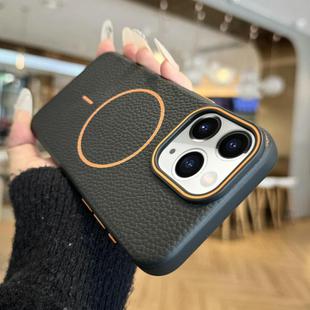 For iPhone 11 Pro Max Orange Ring MagSafe Litchi Grain TPU Phone Case(Black)