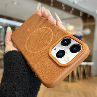 For iPhone 11 Pro Max Orange Ring MagSafe Litchi Grain TPU Phone Case(Brown)