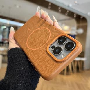For iPhone 13 Pro Orange Ring MagSafe Litchi Grain TPU Phone Case(Brown)
