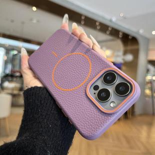For iPhone 15 Pro Max Orange Ring MagSafe Litchi Grain TPU Phone Case(Purple)