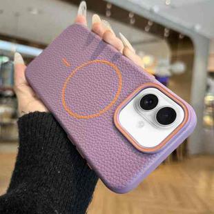 For iPhone 16 Orange Ring MagSafe Litchi Grain TPU Phone Case(Purple)