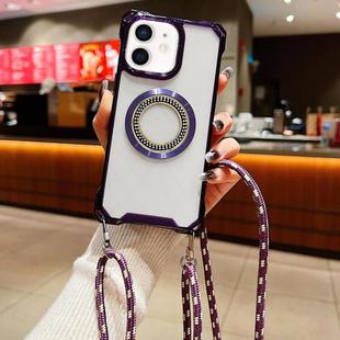 For iPhone 12 Traveler Crossbody Lanyard MagSafe Four-corner TPU Clear Phone Case(Purple)