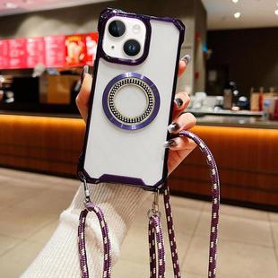 For iPhone 15 Plus Traveler Crossbody Lanyard MagSafe Four-corner TPU Clear Phone Case(Purple)