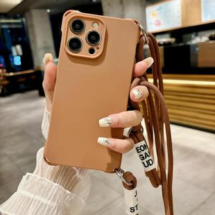 For iPhone 15 Pro Max Crossbody Liquid TPU Four Corner Shockproof Phone Case(Brown)