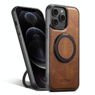 For iPhone 12 Pro Max Suteni G3 Oil Wax 360 Rotation Holder MagSafe Back Phone Case(Brown)