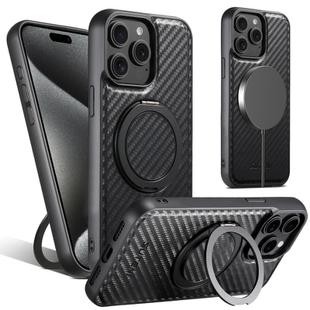 For iPhone 15 Pro Max Suteni G3 Carbon Fiber Leather 360 Rotation Holder MagSafe Phone Case(Black)