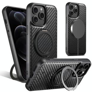 For iPhone 12 Pro Max Suteni G3 Carbon Fiber Leather 360 Rotation Holder MagSafe Phone Case(Black)