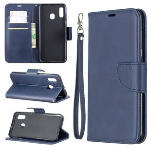 Retro Lambskin Texture Pure Color Horizontal Flip PU Leather Case for Galaxy A20&A30, with Holder & Card Slots & Wallet & Lanyard(Blue)