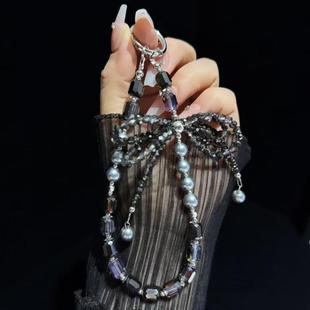 Diamond Crystal Bow Crystal Pearl Phone Chain(Black)