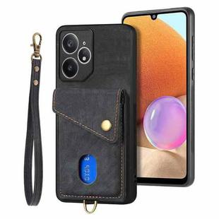 For Realme Neo7 Retro Card Wallet Fold Leather Phone Case with Strap(Black)