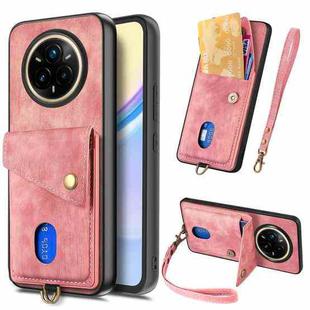 For Realme 14 Pro+ Retro Card Wallet Fold Leather Phone Case with Strap(Pink)