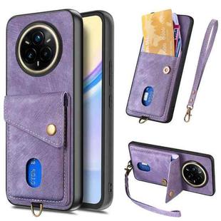 For Realme 14 Pro+ Retro Card Wallet Fold Leather Phone Case with Strap(Purple)