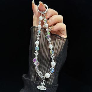 Crystal Pearl Alloy Saturn Phone Chain(White)