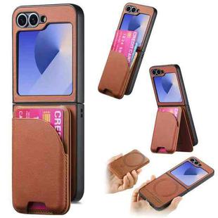For Samsung Galaxy Z Flip6 Twill Fabric Leather Skin Card Bag Magnetic Back Phone Case(Brown)