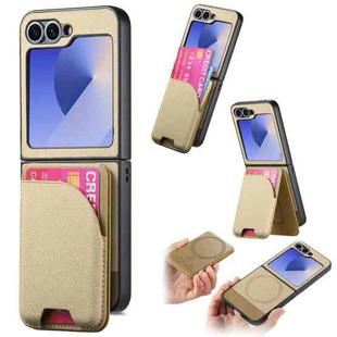 For Samsung Galaxy Z Flip6 Twill Fabric Leather Skin Card Bag Magnetic Back Phone Case(Khaki)