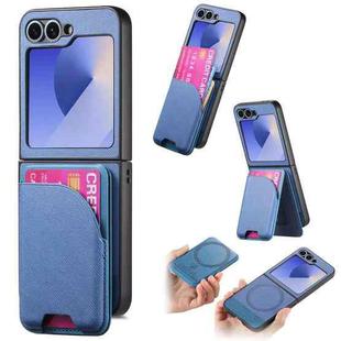 For Samsung Galaxy Z Flip6 Twill Fabric Leather Skin Card Bag Magnetic Back Phone Case(Blue)