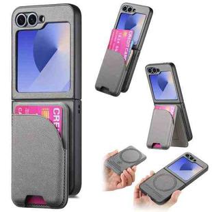 For Samsung Galaxy Z Flip5 Twill Fabric Leather Skin Card Bag Magnetic Back Phone Case(Gray)