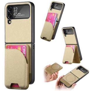 For Samsung Galaxy Z Flip4 Twill Fabric Leather Skin Card Bag Magnetic Back Phone Case(Khaki)