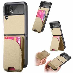 For Samsung Galaxy Z Flip3 5G Twill Fabric Leather Skin Card Bag Magnetic Back Phone Case(Khaki)