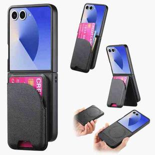 For Samsung Galaxy Z Flip7 5G Twill Fabric Leather Skin Card Bag Magnetic Back Phone Case(Black)