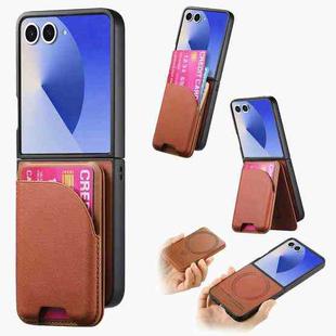 For Samsung Galaxy Z Flip7 5G Twill Fabric Leather Skin Card Bag Magnetic Back Phone Case(Brown)