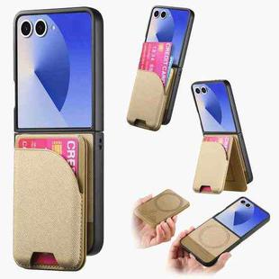 For Samsung Galaxy Z Flip7 5G Twill Fabric Leather Skin Card Bag Magnetic Back Phone Case(Khaki)